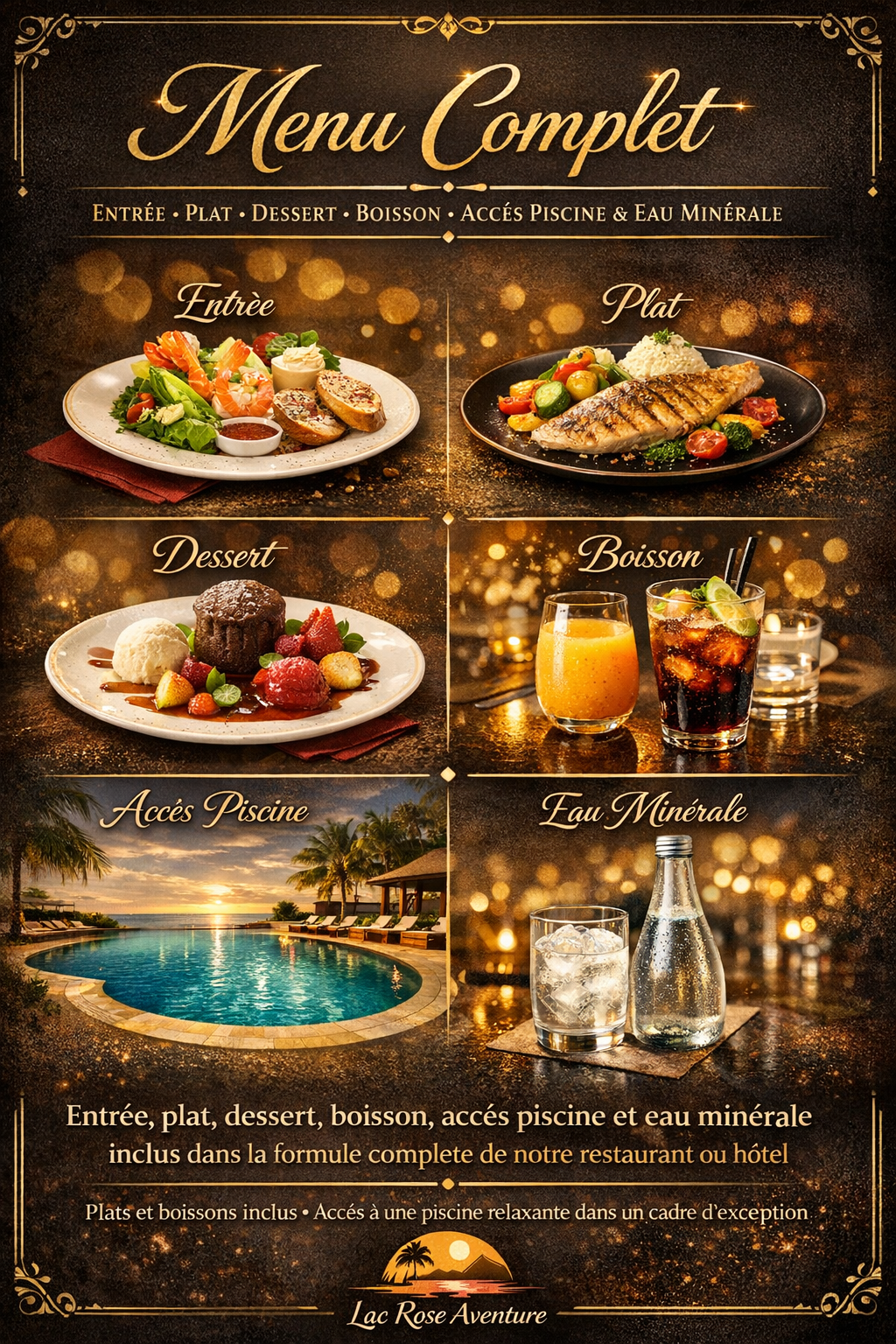 Menu complet avec entrée, plat, dessert, boisson, accès piscine et eau minérale