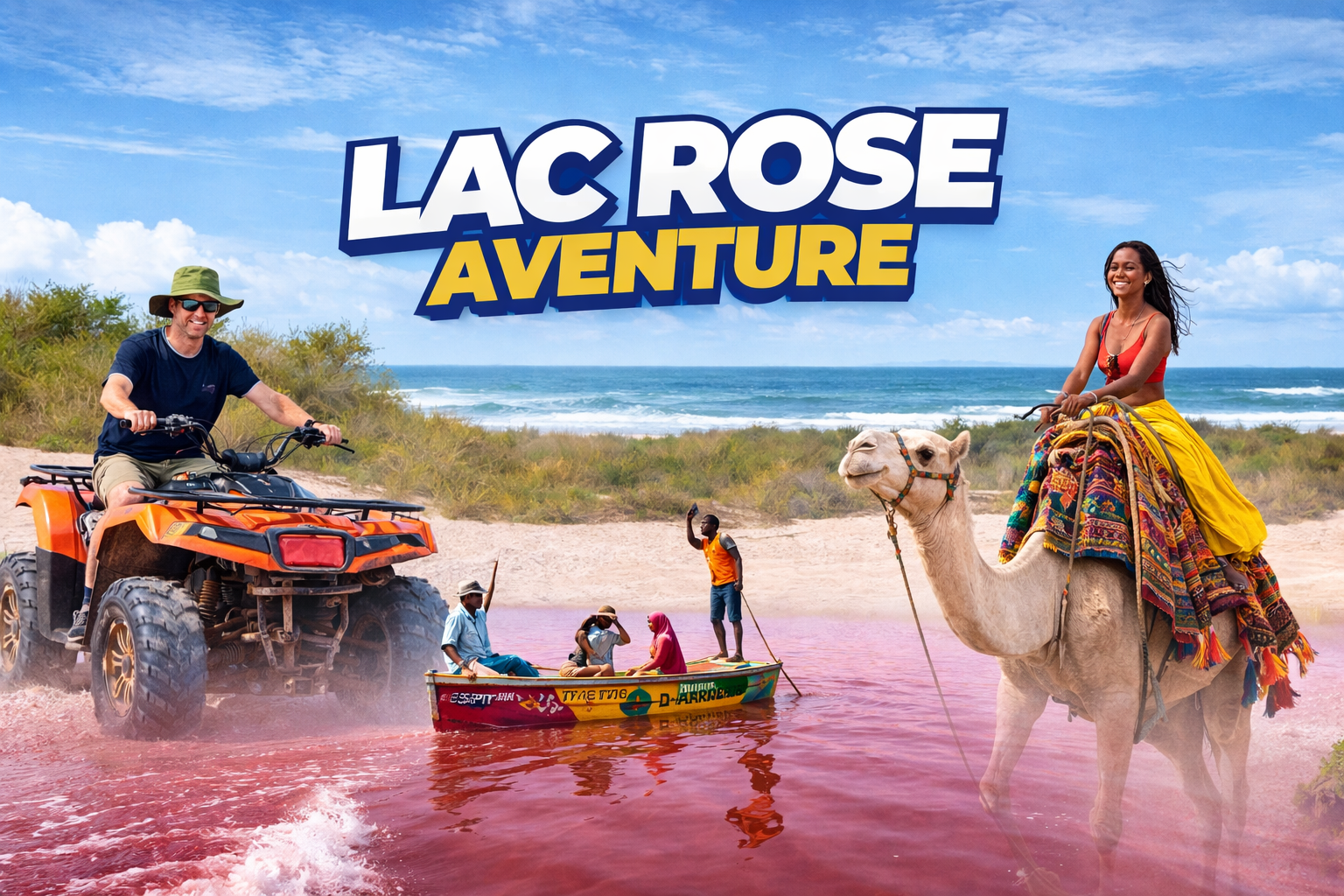 Expérience complète solo au Lac Rose avec Lac Rose Aventure : quad 45 min, balade en pirogue et promenade à dos de dromadaire ou de cheval