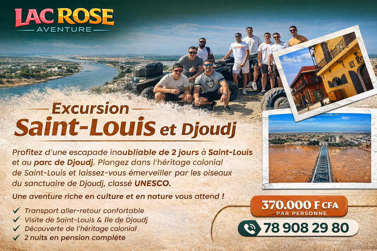 Affiche promotionnelle Lac Rose Aventure pour une excursion de 48 heures à Saint-Louis et Djoudj au Sénégal avec transport aller-retour, visite de Saint-Louis, découverte du patrim